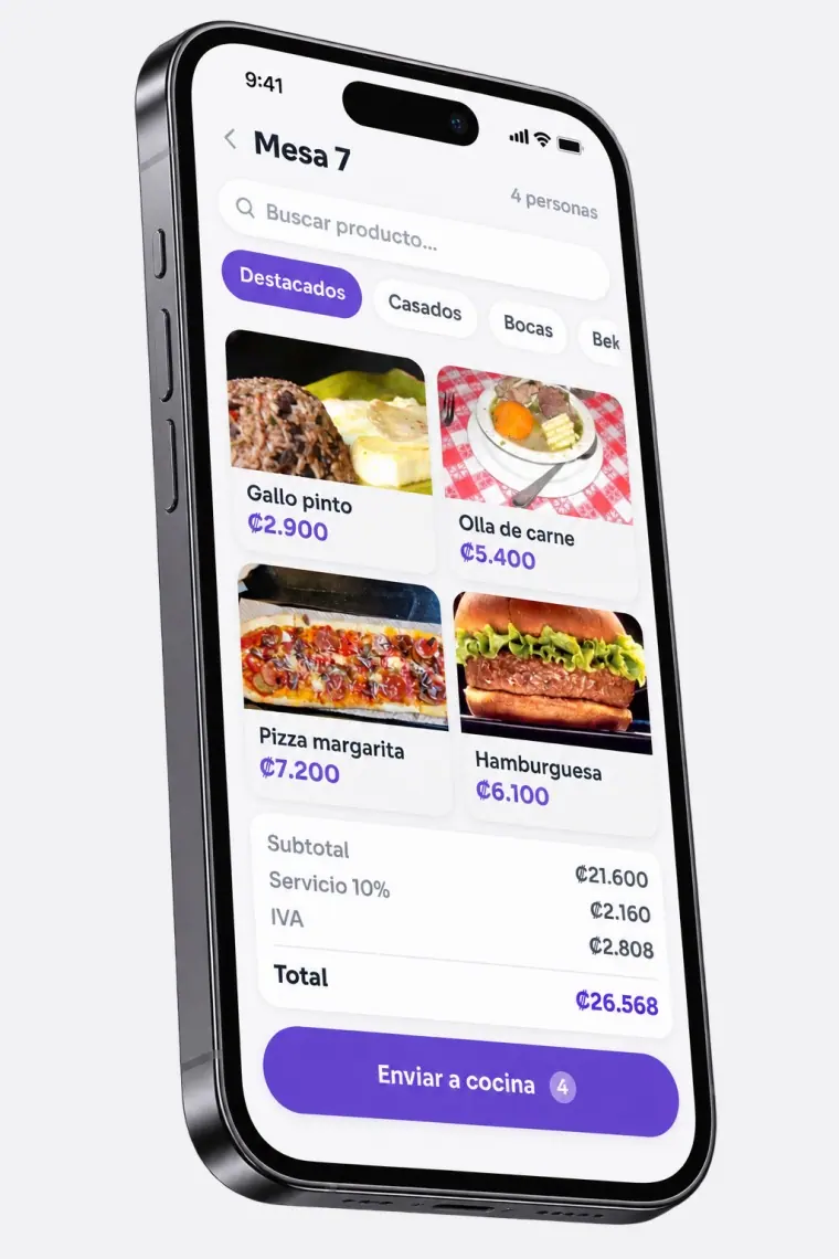 El comandero de Plaxp en el teléfono: la orden de la Mesa 7 con el servicio 10% calculado y lista para enviar a cocina
